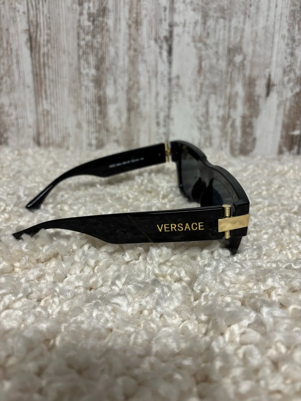Versace Glossy Black Square Sunglasses with Gold Hardware